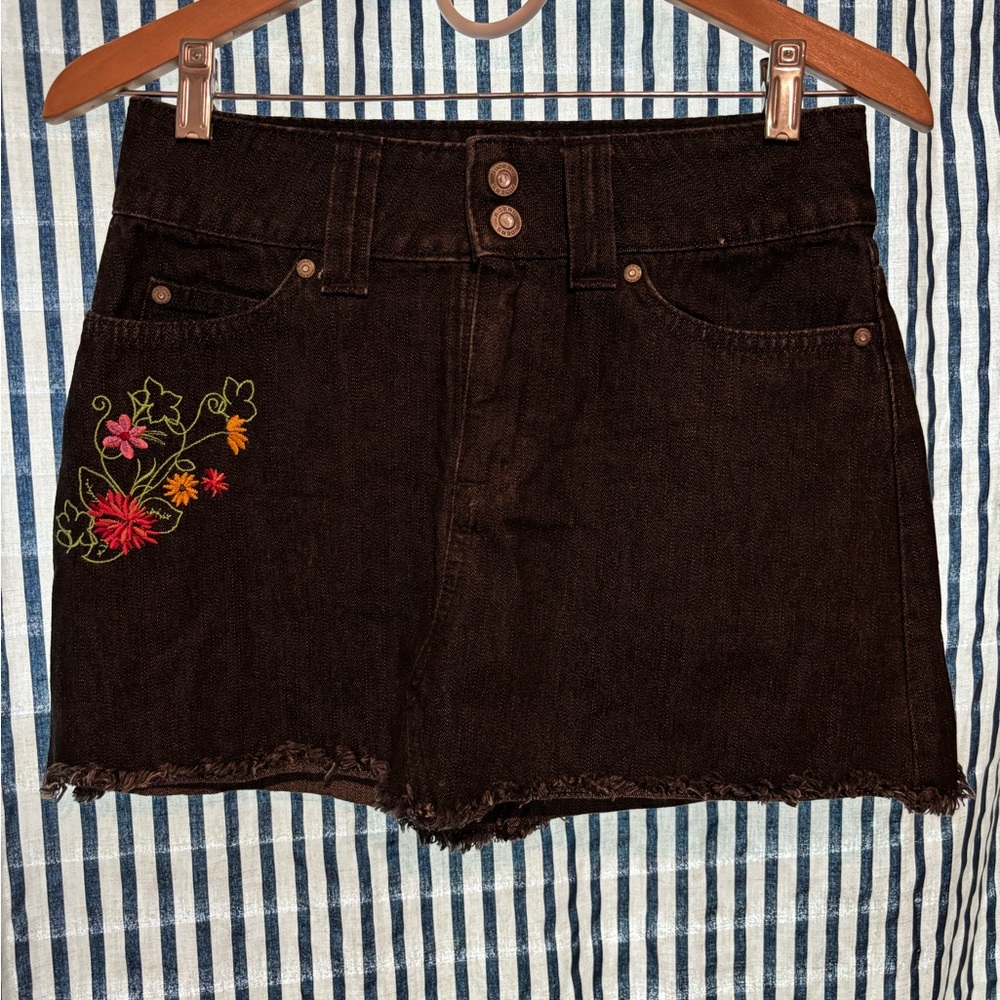 Embroidered Black Denim Skirt